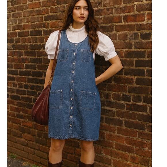 Vintage 90s Denim Polka Dot Boxy Apron Dress Classic Preppy 90s Minimalist - Picture 1 of 10